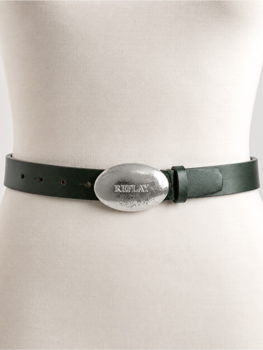 REPLAY Dark Green Leather Belt Silver Oval Logo Buckle Y2K Boho